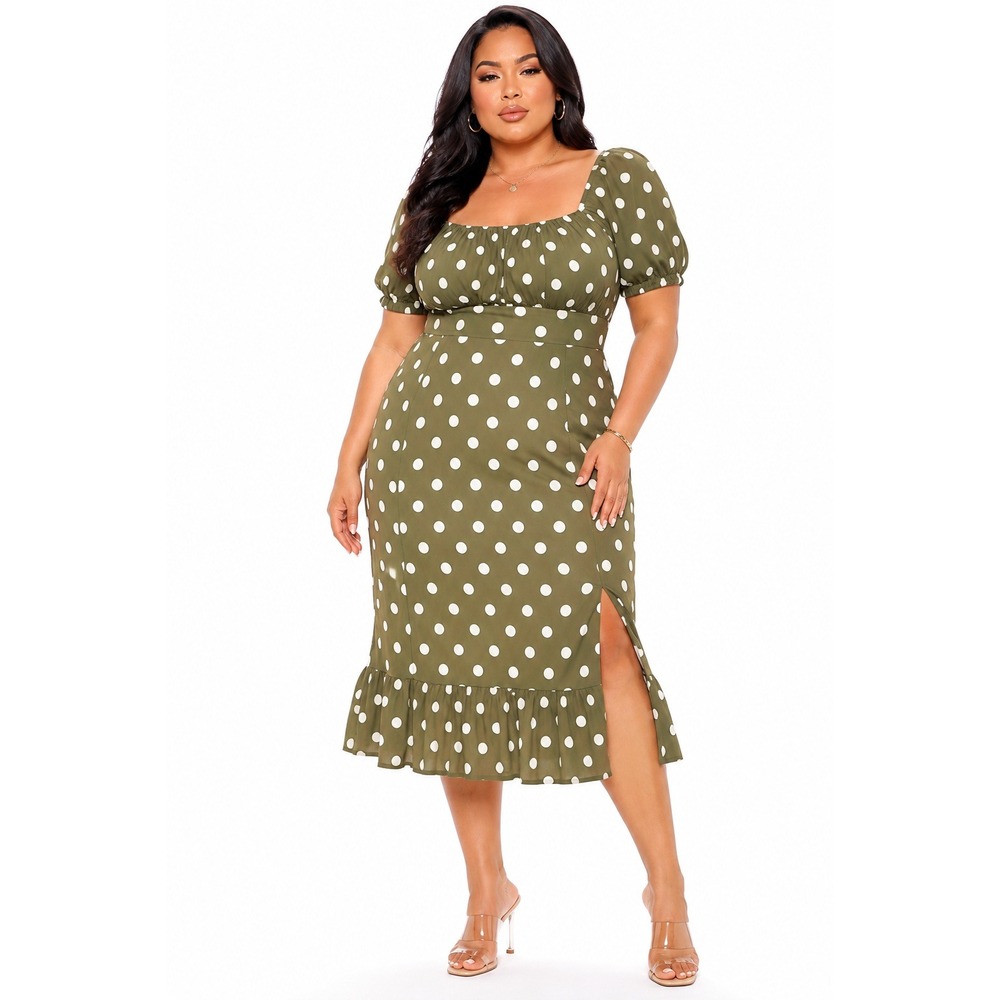 Maggy London Woman Olive Polka Dot Puff Sleeve Square Neck Midi Dress 20W NEW